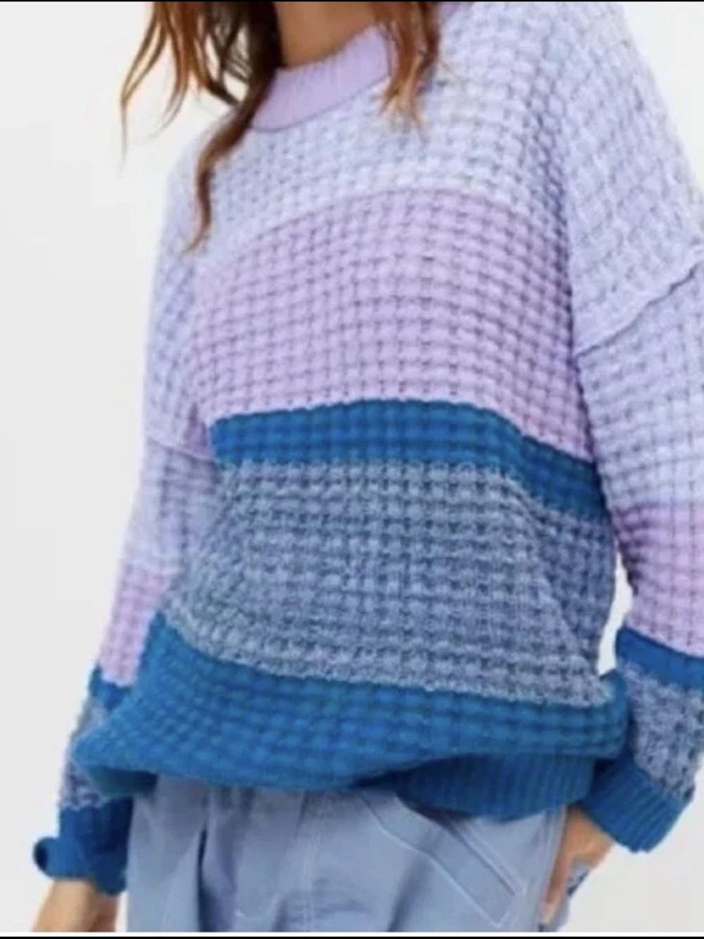 BDG Lavender and Blue Colorblock Waffle Crewneck Sweater